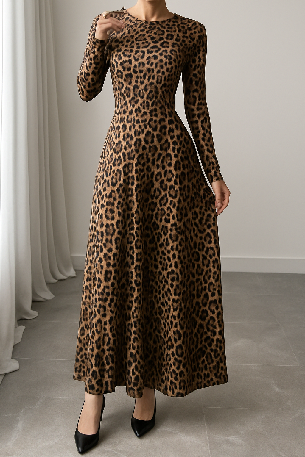 Fridah | Vestido Maxi Estampado Leopardo Manga Larga