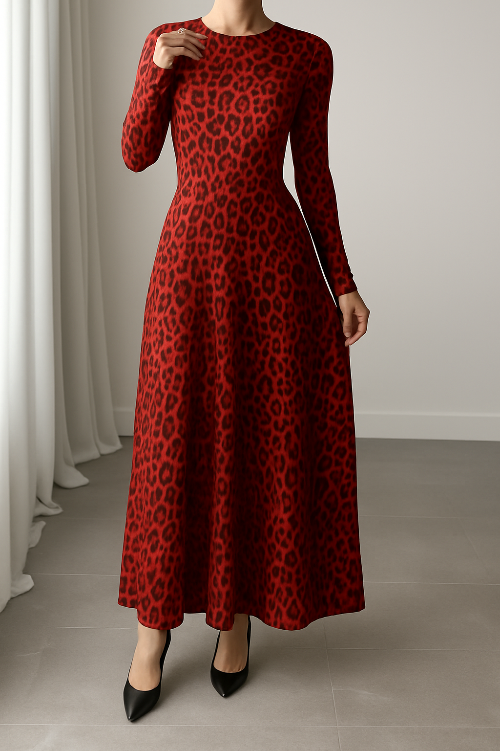 Fridah | Vestido Maxi Estampado Leopardo Manga Larga