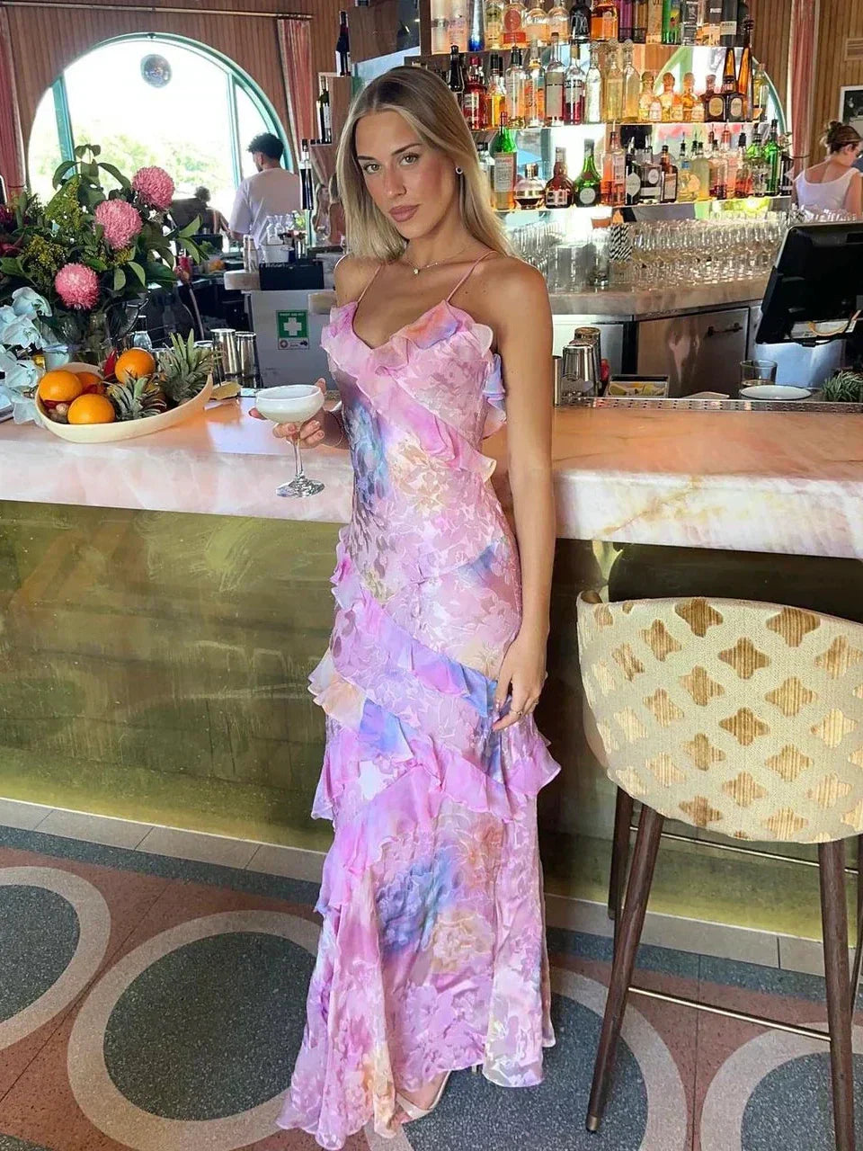 Latonya | Vestido Largo Con Tirantes Y Volantes Florales