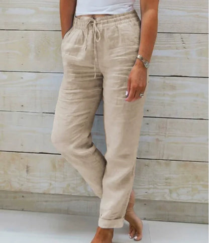 Roberta - Pantalones de Mezcla de Lino Con Cordón en La Cintura y Bolsillos Laterales