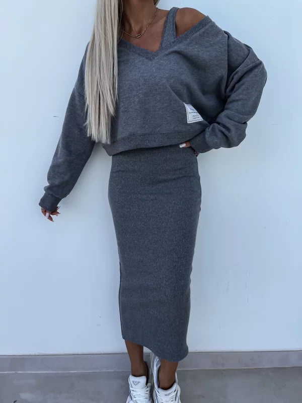 Latasha | Conjunto de Vestido midi de Manga Larga con Cuello en V