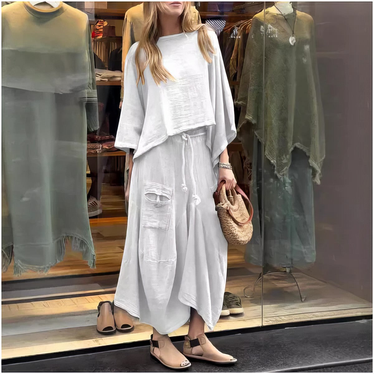 Elaine - Conjunto Falda Dos Piezas Manga Murciélago Suelta