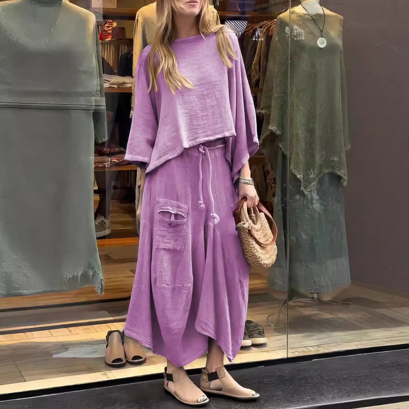 Elaine - Conjunto Falda Dos Piezas Manga Murciélago Suelta
