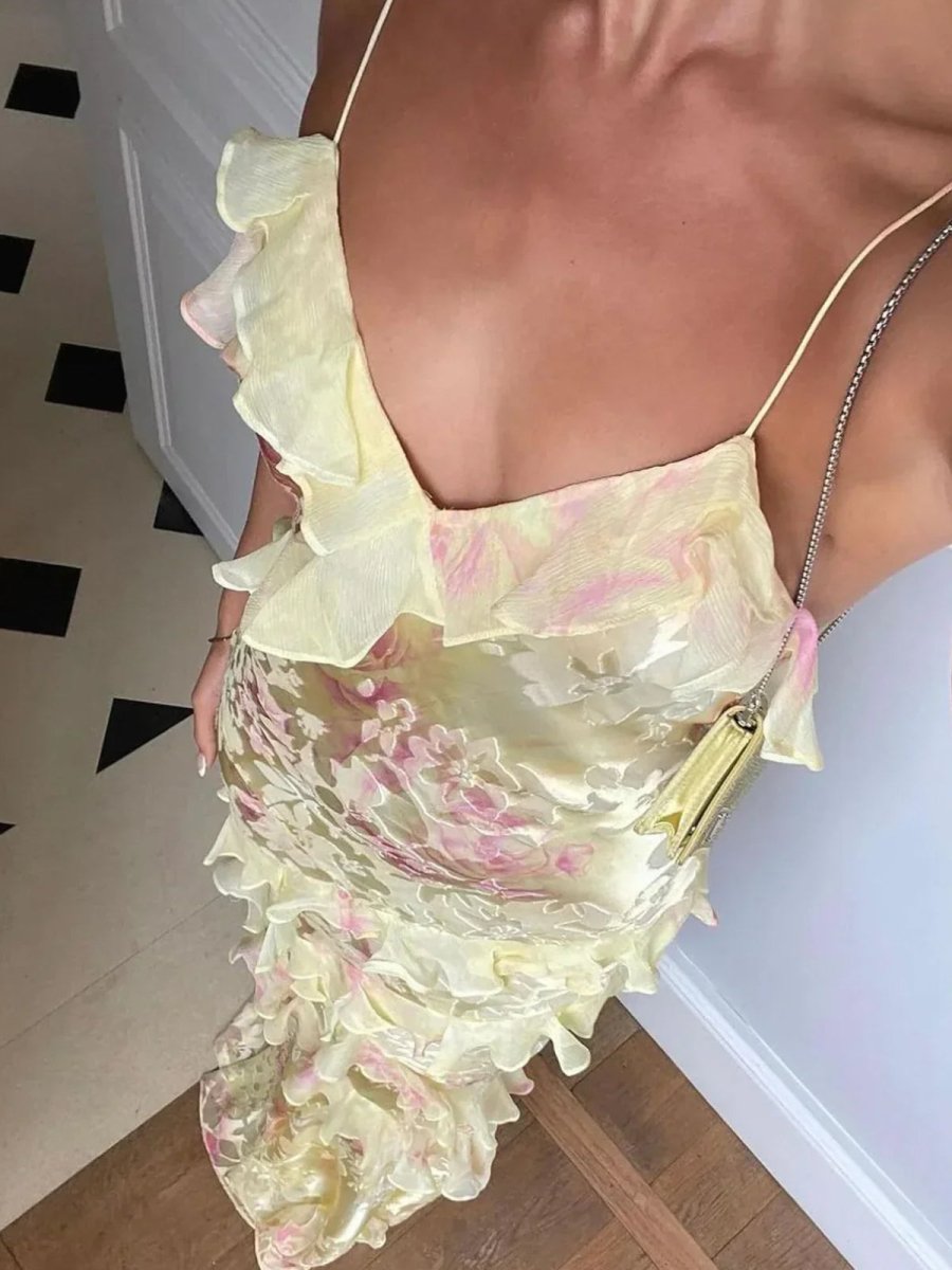 Latonya | Vestido Largo Con Tirantes Y Volantes Florales