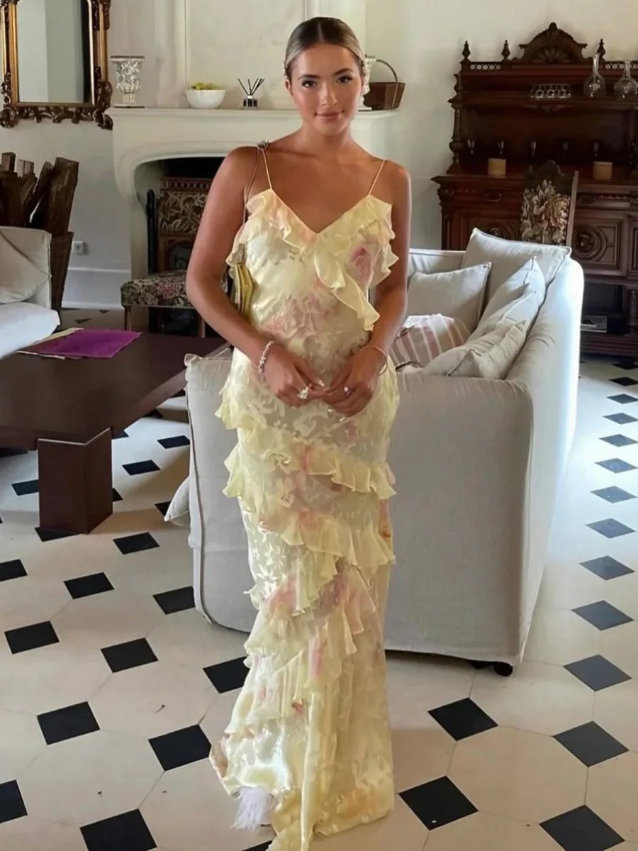 Latonya | Vestido Largo Con Tirantes Y Volantes Florales